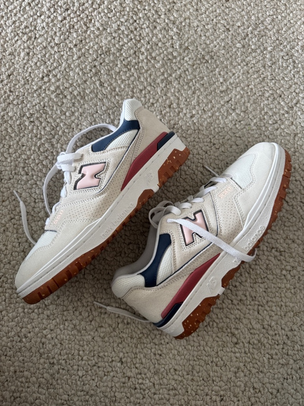 New Balance Cream & Pink Leather Mesh Sneakers with Navy and Gum Accents